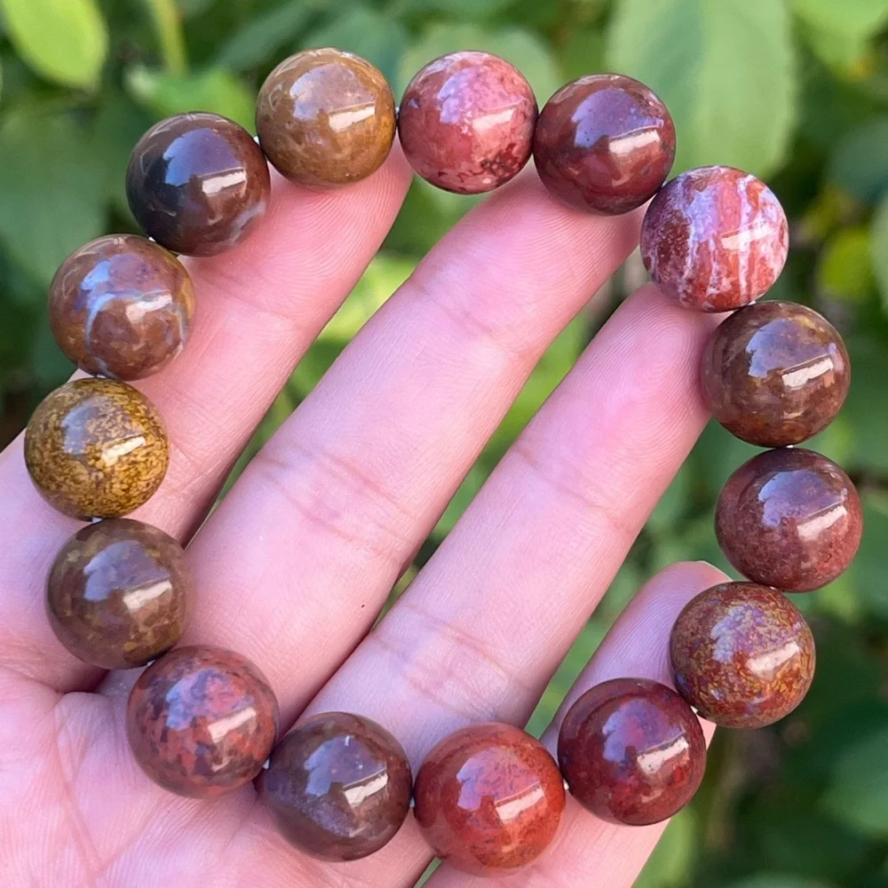 14mm stretchable red‎ brown moss agate bracelet